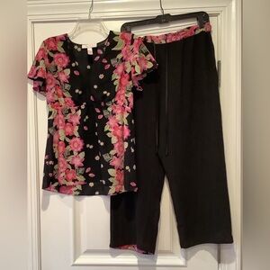 Oscar de la Renta Pink Label Pajama Set Medium Babydoll Top Tie Waist Bottoms